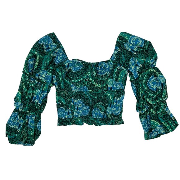 Anthropologie Porridge Tiered Poplin Blouse Top XS Green Cropped - Picture 13 of 13